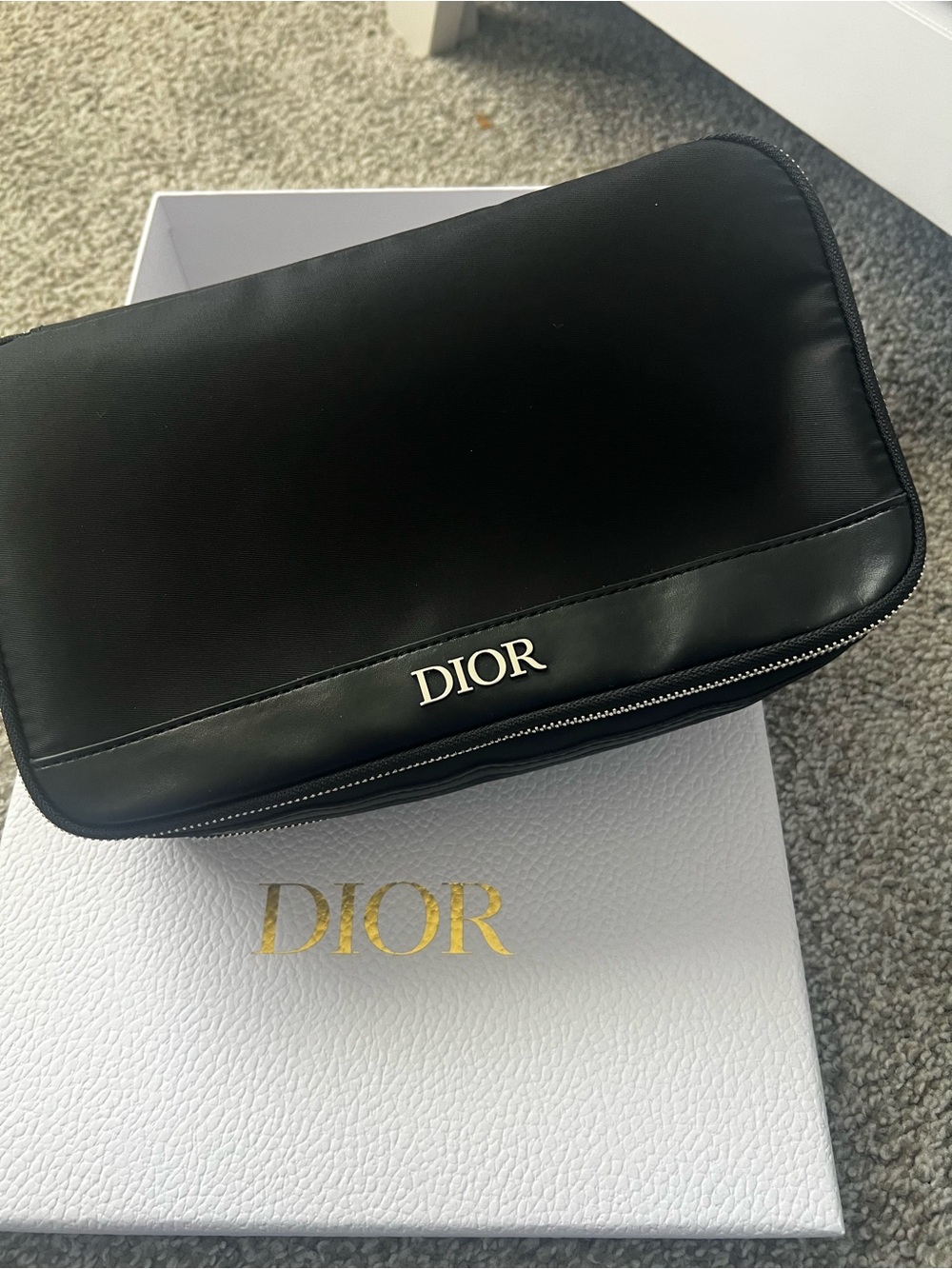 Dior Black Leather Travel Toiletry Pouch with Silver Logo